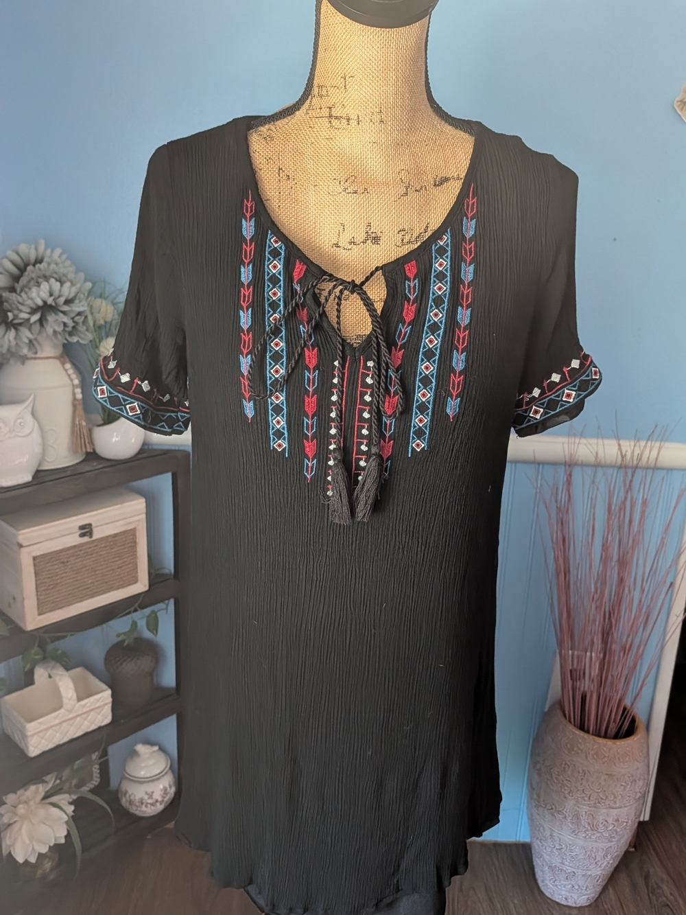 Flying Tomato Black Embroidered Boho Tie-Front Tunic Dress